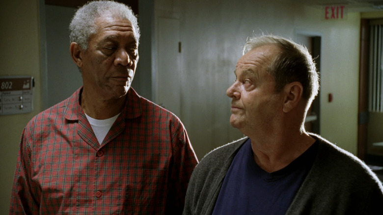 Jack Nicholson's Edward Perriman Cole and Morgan Freeman's Carter Chambers stand side by side in The Bucket List