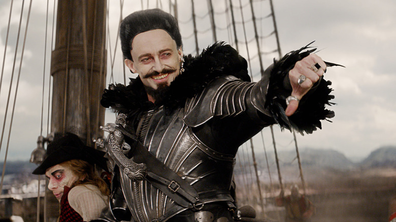 Hugh Jackman's Blackbeard pointing his thumb down in Pan