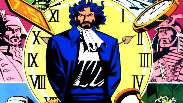 Capa de quadrinhos da DC mostrando Vandal Savage ao longo do tempo, suas personas anteriores divididas em painéis com um relógio no centro