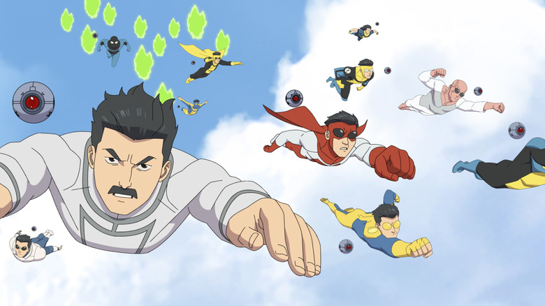 An army of Marks invading Earth through portals in the sky in Invincible