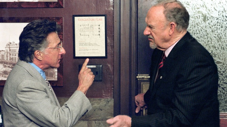 Dustin Hoffman as Wendell Rohr points a finger at Gene Hackman as Rankin Fitch in Runaway Jury