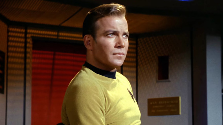 William Shatner strikes a serious pose as Captain James T. Kirk in Star Trek