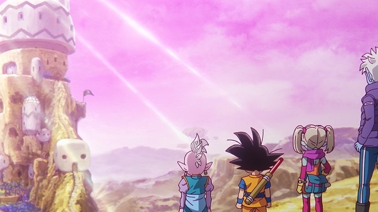 Goku y sus amigos contemplan un edificio alienígena en Dragon Ball Daima