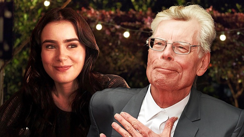 A composite image of Stephen King and Lily Collins' Samatha from Stuck in Love