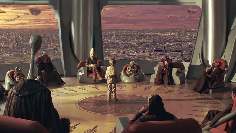 Phantom Menace's Anakin Skywalker standing before Jedi Council