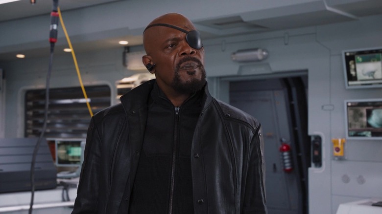 Nick Fury standing on the SHIELD helicarrier in The Avengers