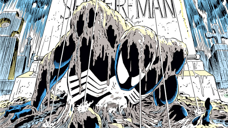 Kraven's Last Hunt/Web of Spider-Man #32 cover, showing black suit Spider-Man digging himself out of his grave