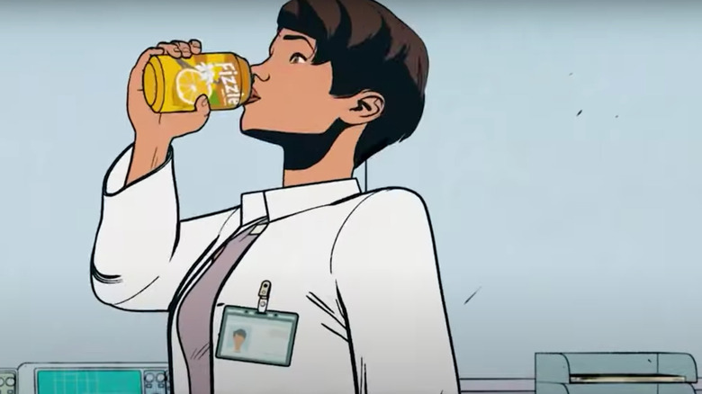 Anjali Kuanpeni's Jeanne Foucault drinking soda on Your Friendly Neighborhood Spider-Man