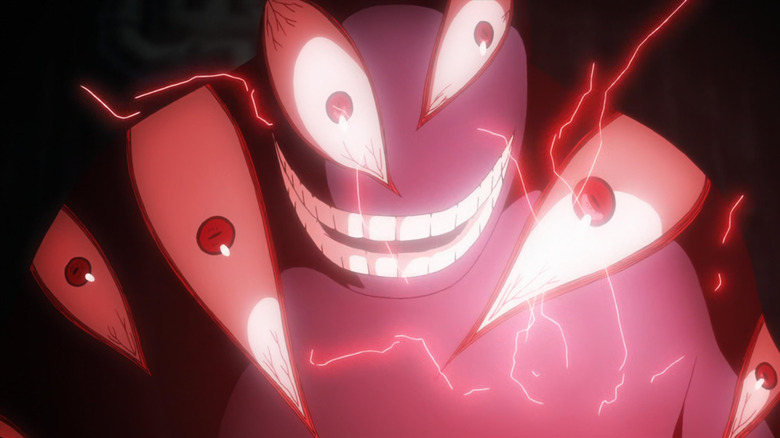 Fullmetal Alchemist Brotherhood Father smiling in glee as red energy crackles around him