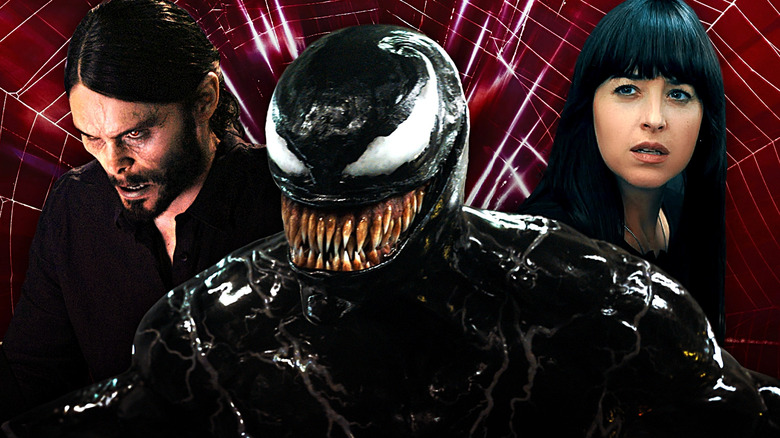 Images of Jared Leto as Morbius, Tom Hardy's Venom from Venom, Dakota Johnson as Madame Web, edited together against a red web