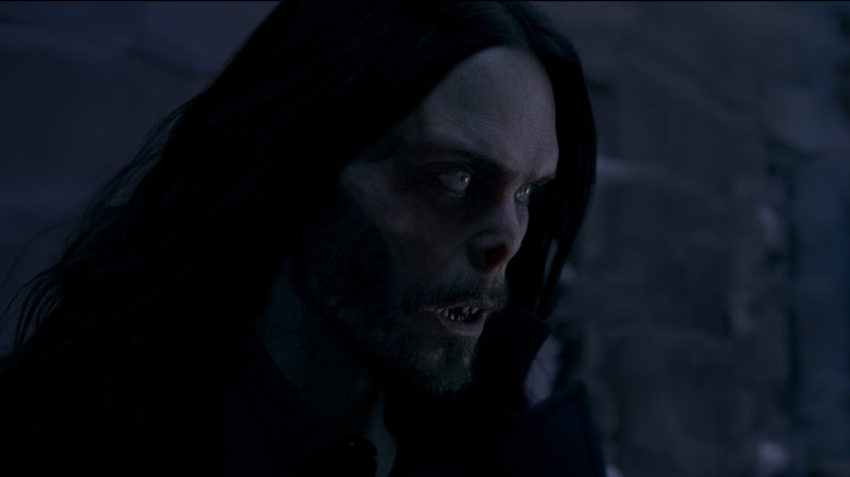 Jared Leto as Morbius, face appearing Vampiric, in Morbius