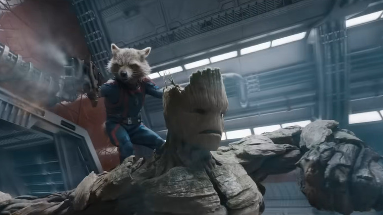 Rocket and Groot fighting in one-shot scene