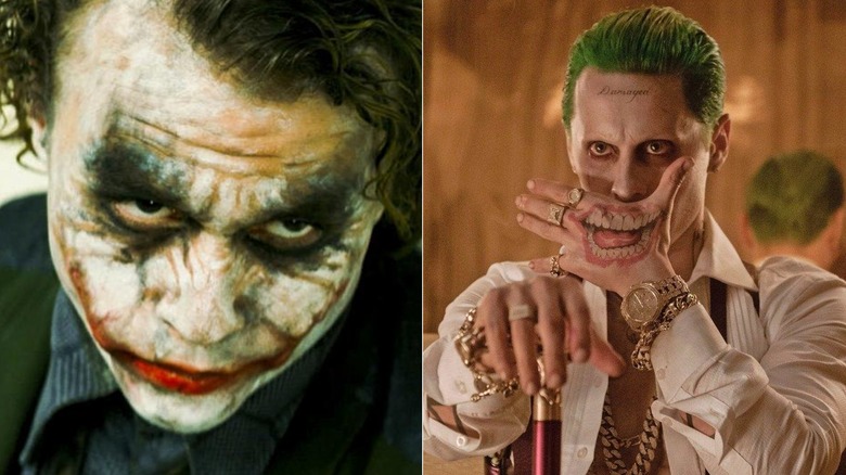 Split image of Heath Ledger's Joker and Jared Leto's Joker