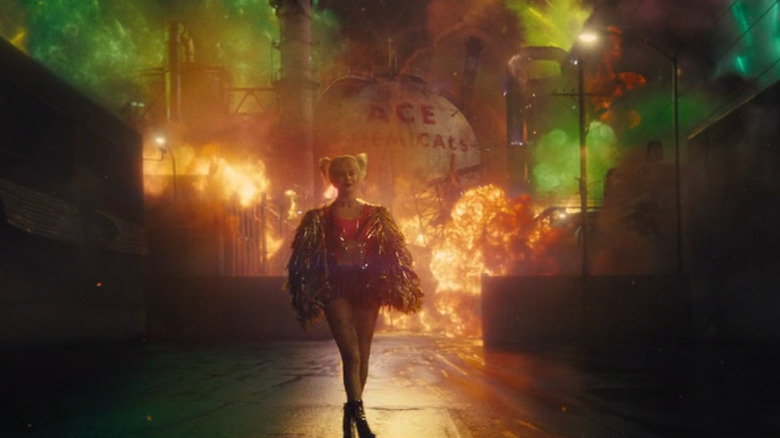 Harley Quinn walks away from her explosive handiwork