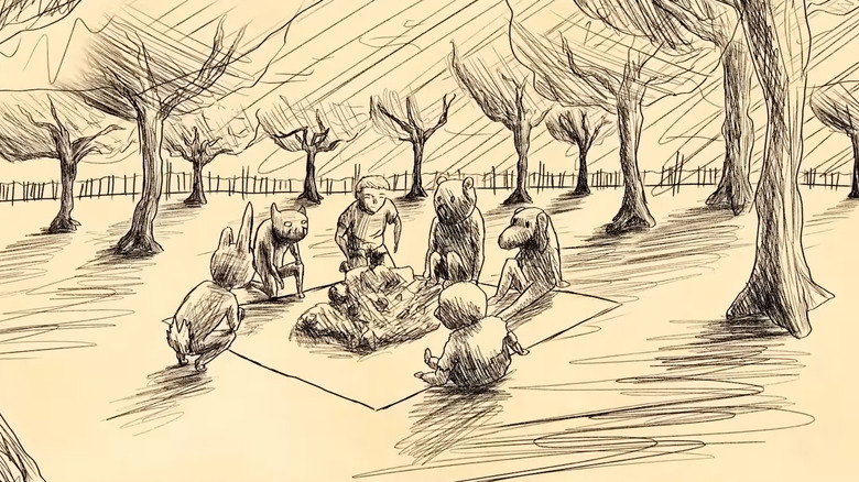 Sketch of Christopher Robin sitting on a blanket in the woods with animal friends