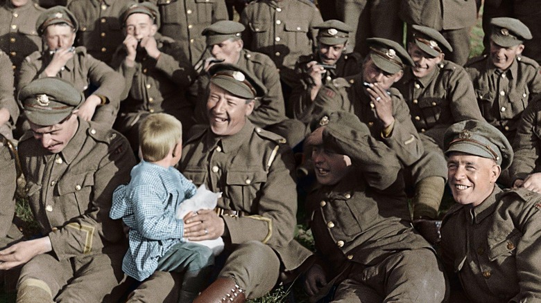 A restored image of World War I soldiers in They Shall Not Grow Old