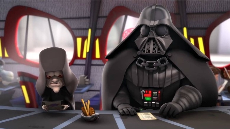 Emperor Palpatine and Darth Vader waiting for their food at a diner in "Star Wars Detours"