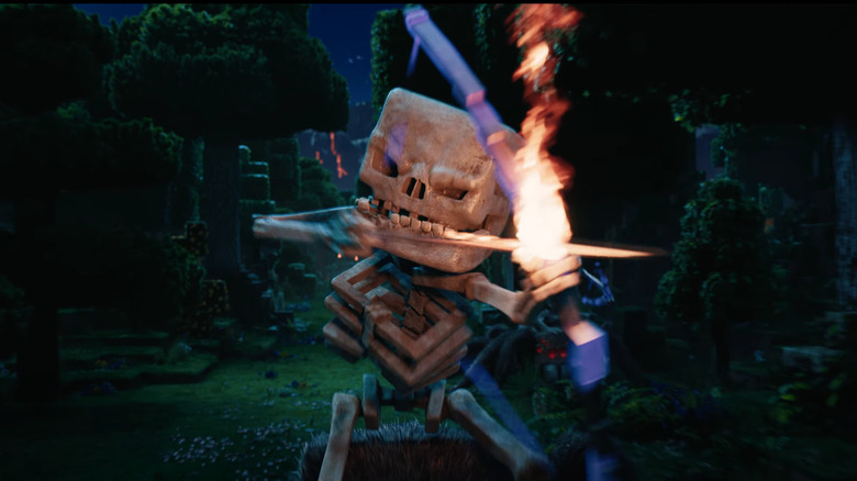 A skeleton wields a flaming bow and arrow in A Minecraft Movie