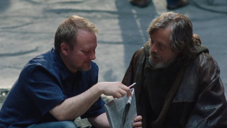 Rian Johnson and Mark Hamill in a behind the scenes image from Star Wars The Last Jedi