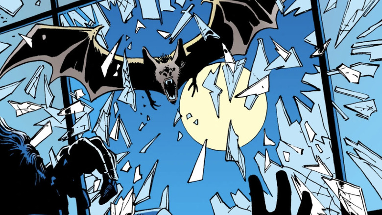 A bat crashes through Bruce Wayne's window in The Man Who Falls