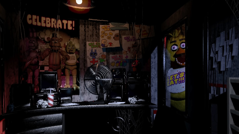 An evil animatronic looks through a doorway