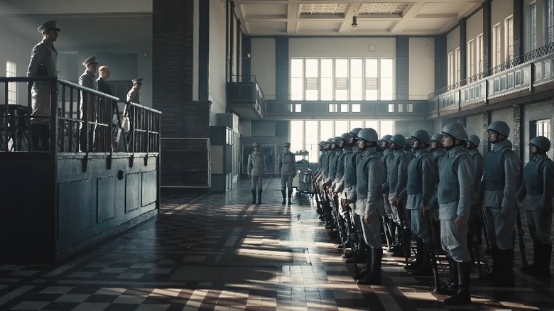 Peacekeepers standing in formation at a facility