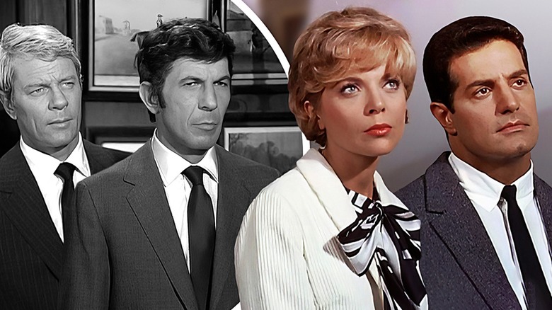 Mission: Impossible actors in scenes from the show: Peter Graves and Leonard Nimoy on the left in black and white, Barbara Bain and Peter Lupus on the right in color