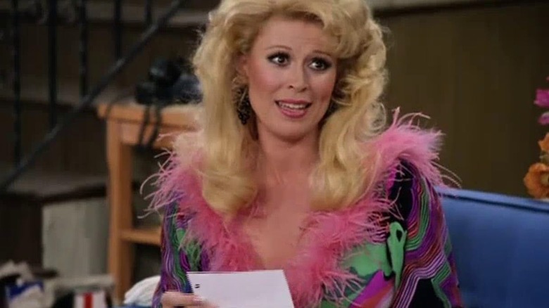 Leslie Easterbrook's Rhonda in a fluffy pink outfit in Laverne & Shirley