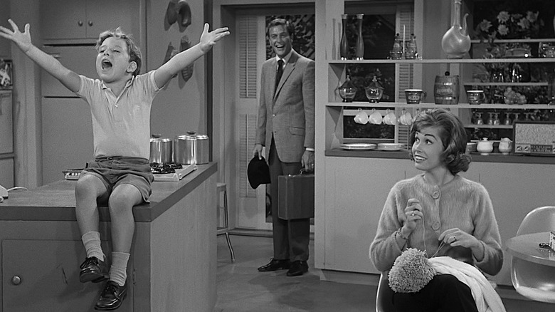 Ritchie singing out loud, sitting on the kitchen counter. Laura looks on happy, and Rob is smiling through the doorway in the rear.