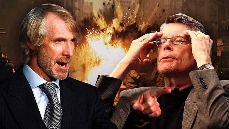 Michael Bay and Stephen King in front of an explosion