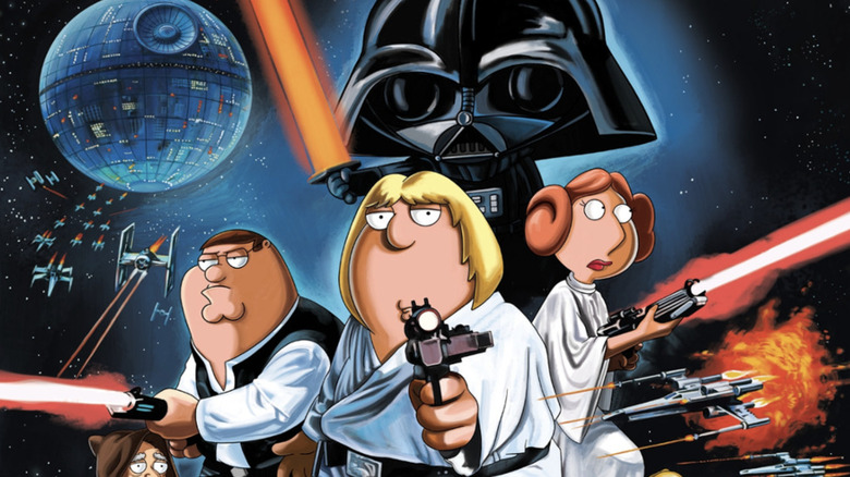 Peter/Han Solo, Chris/Luke Skywalker, Lois/Princess Leia, Stewie/Darth Vader and the Death Star in the Family Guy Blue Harvest poster