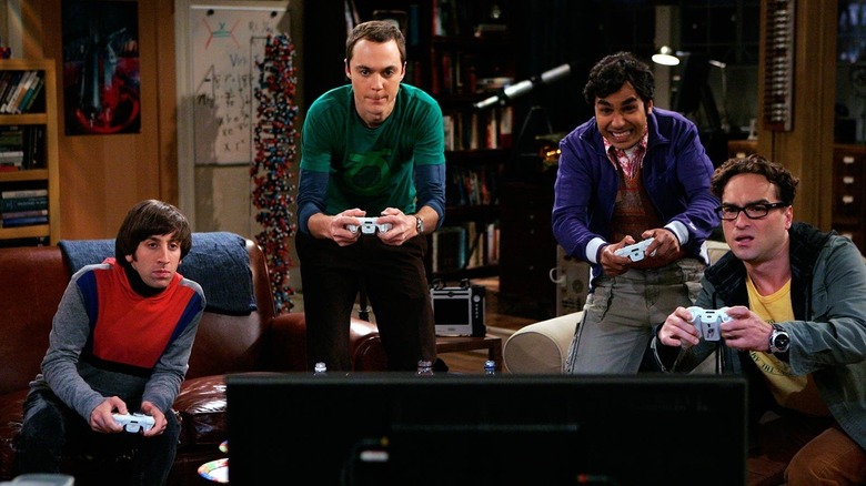 Howard, Sheldon, Raj, and Leonard playing video games on The Big Bang Theory