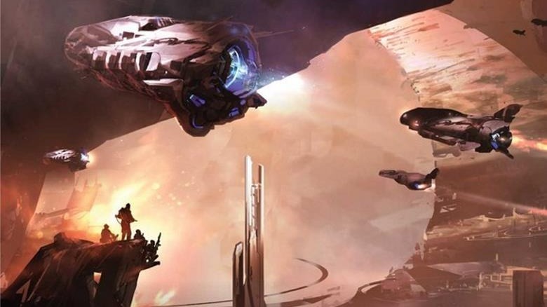 Halo Primordium cover spaceships against futuristic past city
