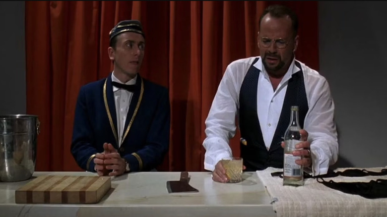 Ted the bellhop and Leo share a tense moment in Four Rooms