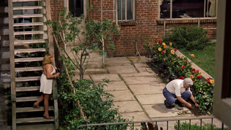 Jesslyn Fax and Raymond Burr share a courtyard in Rear Window