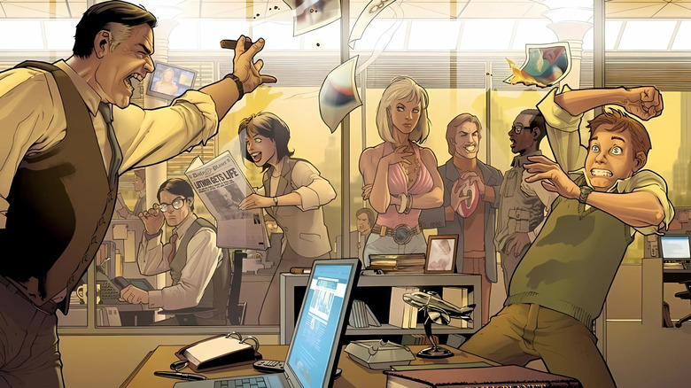 Daily Planet Newsroom Perry White yelling at Jimmy Olsen Clark Kent, Lois Lane and Cat Grant in background