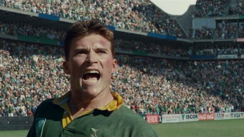 Scott Eastwood yelling on the soccer field in Invictus