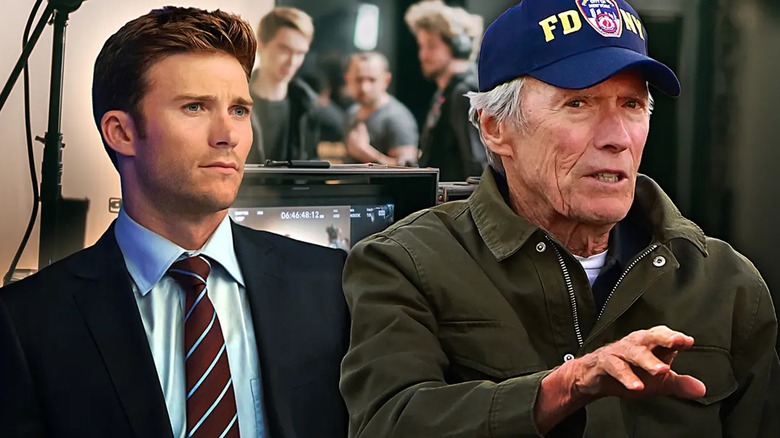 Scott Eastwood in a suit and Clint Eastwood directing while wearing a FDNY hat