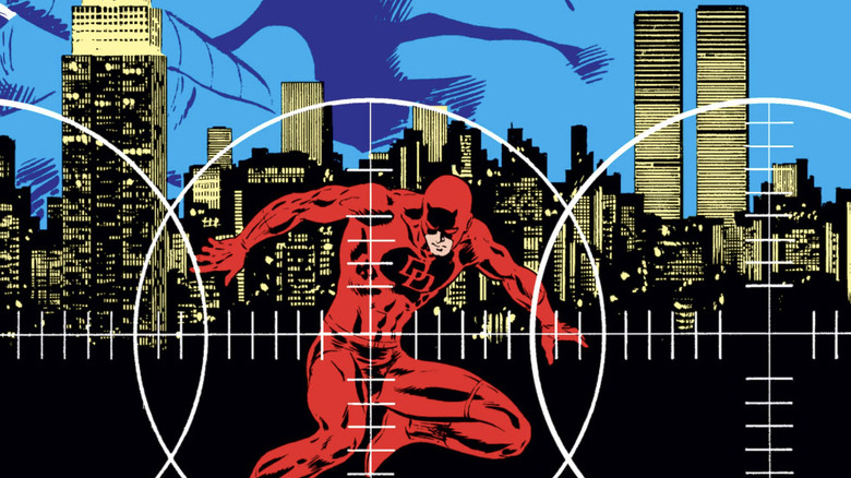 Daredevil #227 cover Daredevil posed in the crosshairs with Manhattan skyline in background, and Kingpin looking over it