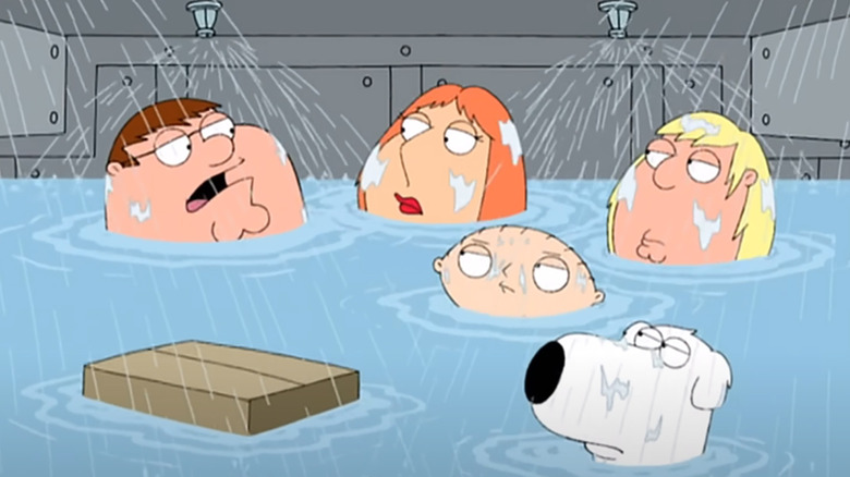 Peter, Lois, Stewie, Chris, and Brian Griffin, all with their heads barely above water in a panic room that is slowly being filled by sprinklers in Family Guy.