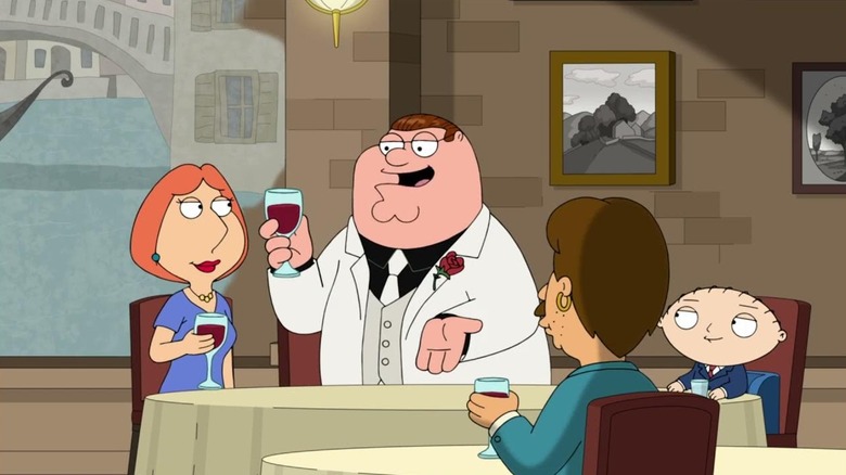 Peter Griffin in a white suit with a glass of wine that roasts Lois in an Italian restaurant. From the family facilities.