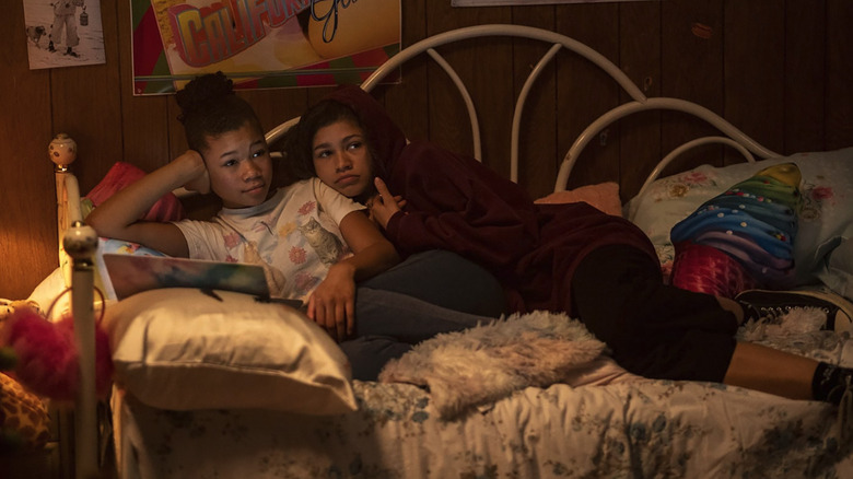 Gia and Rue wrapped in bed in euphoria