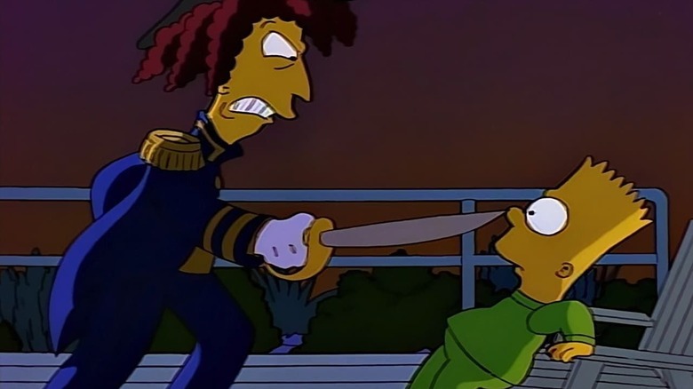 Sideshow Bob in a captain's uniform pointing a sword at Bart in The Simpsons