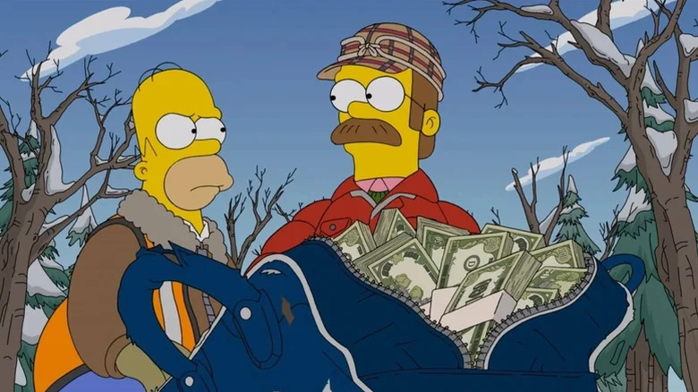 Homer looks concerned at Flanders, who is standing in front of a bag full of cash, in The Simpsons