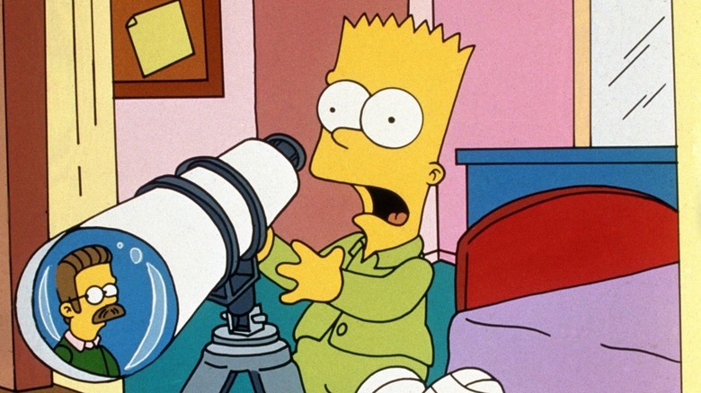 Bart looks terrified at spotting Flanders through a telescope in The Simpsons