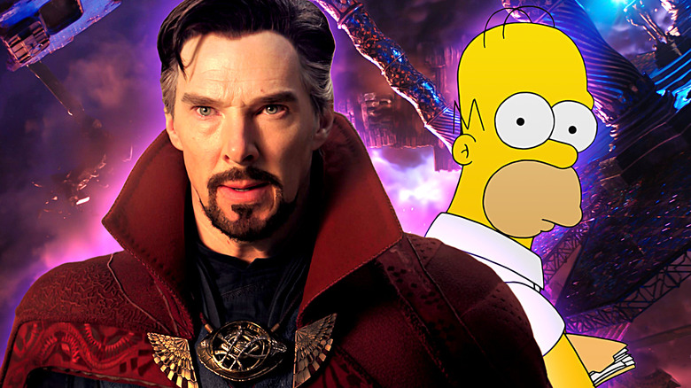 Benedict Cumberbatch as Doctor Strange with Homer Simpson standing behind him, looking confused