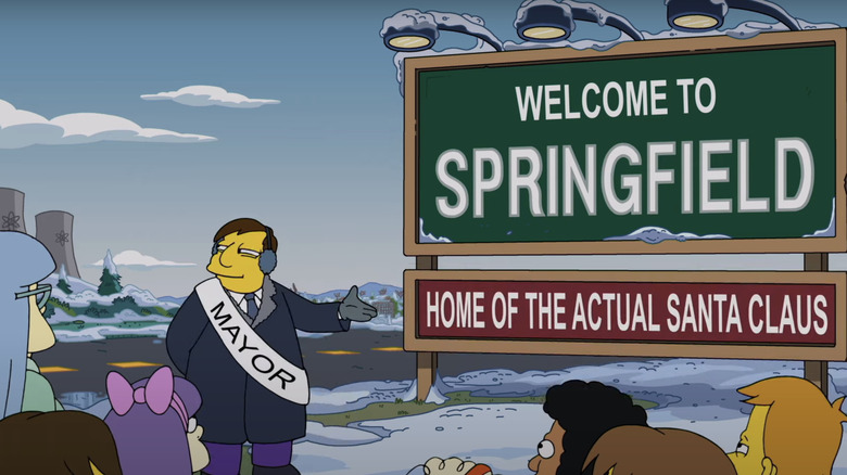 Mayor Quimby unveils a new welcome to Springfield sign in the Simpsons episode O C'mon All Ye Faithful