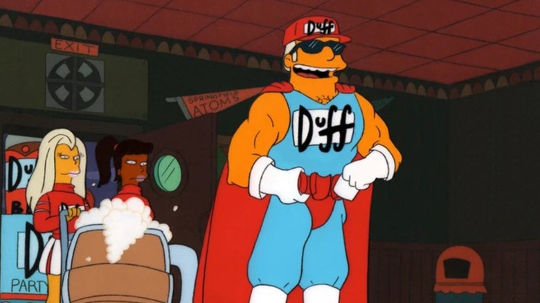 Duffman enters the pub of Moe in the Simpsons