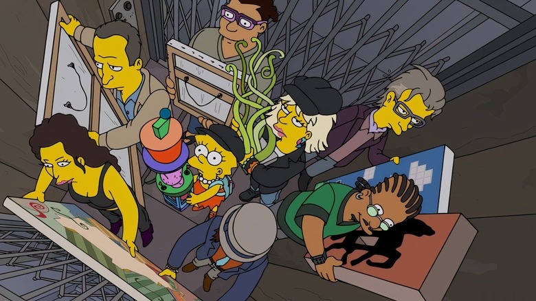 Lisa em um elevador apertado com um grupo de artistas segurando peças de arte no Simpsosn