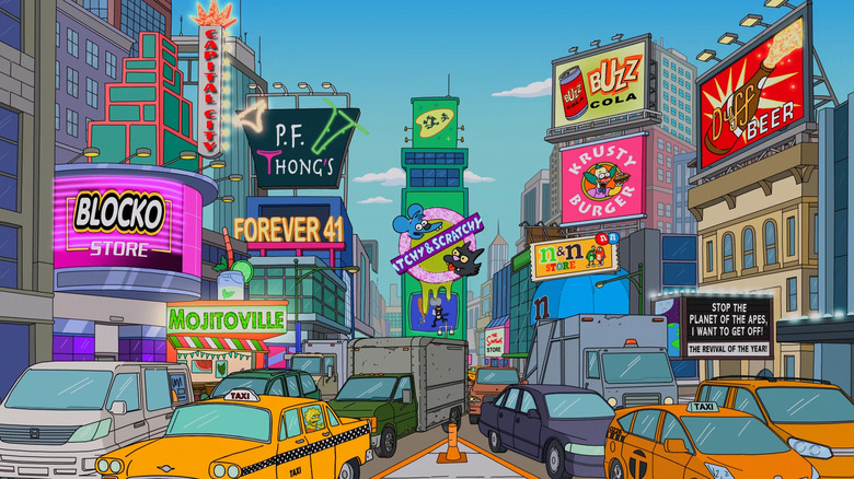 Diferentes outdoors de paródia na Capital City em Os Simpsons